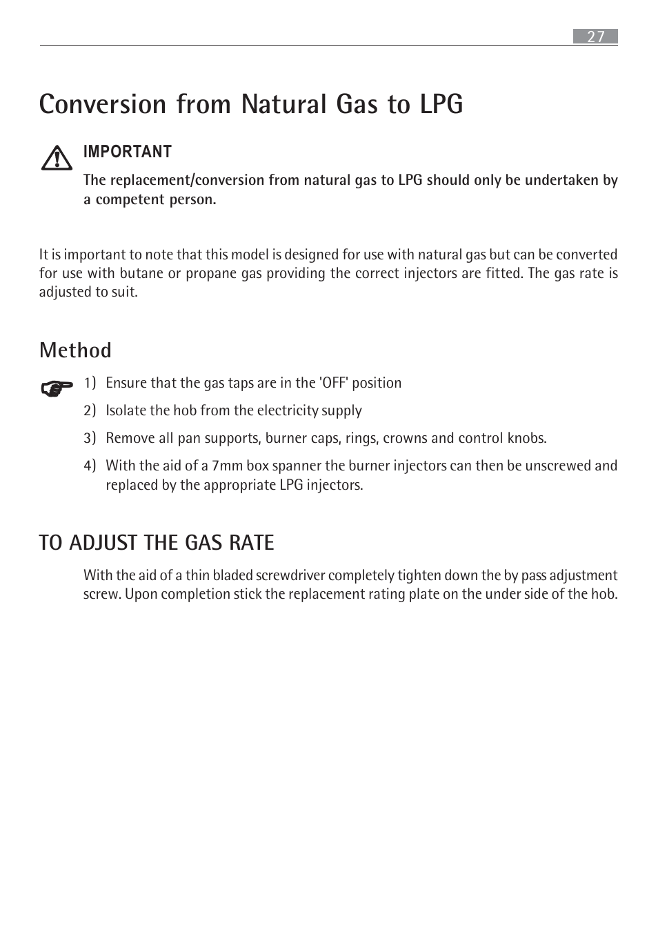 Conversion from natural gas to lpg | Electrolux 65852 G User Manual | Page 27 / 32