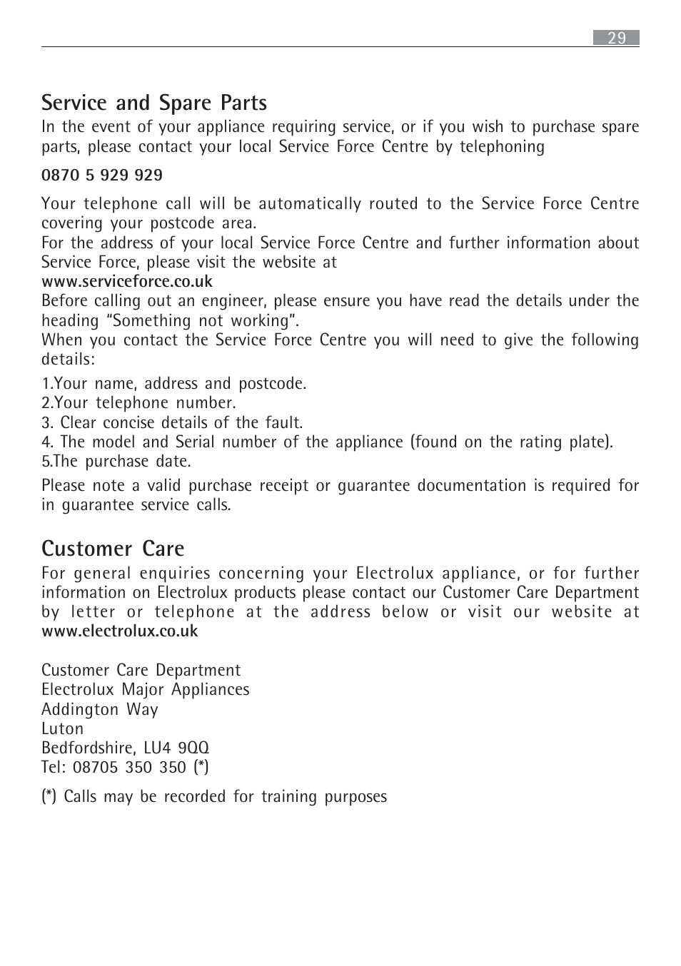 Service and spare parts, Customer care | Electrolux 65852 G User Manual | Page 29 / 32