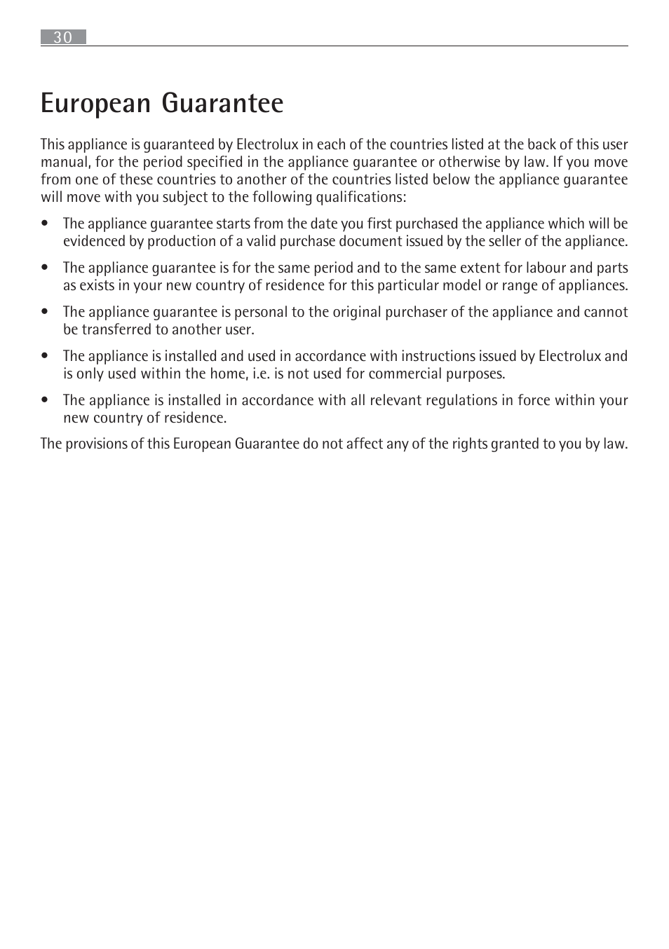 European guarantee | Electrolux 65852 G User Manual | Page 30 / 32