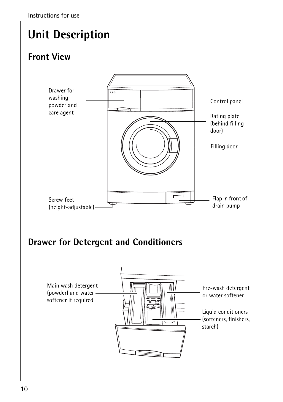 Unit description, Front view drawer for detergent and conditioners | Electrolux LAVAMAT 50550 User Manual | Page 10 / 56