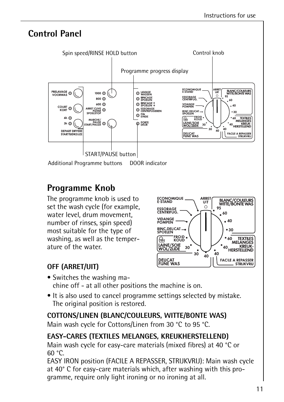 Control panel programme knob | Electrolux LAVAMAT 50550 User Manual | Page 11 / 56