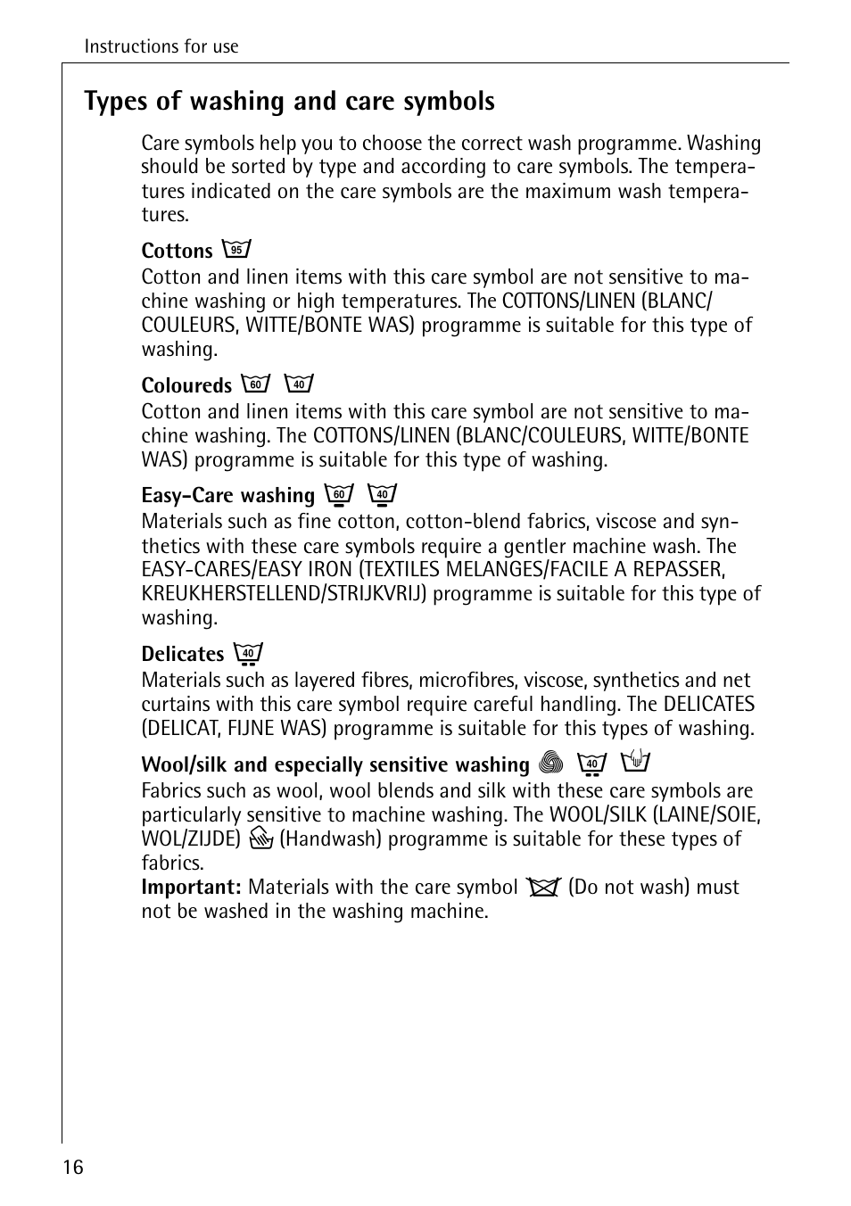 Types of washing and care symbols | Electrolux LAVAMAT 50550 User Manual | Page 16 / 56