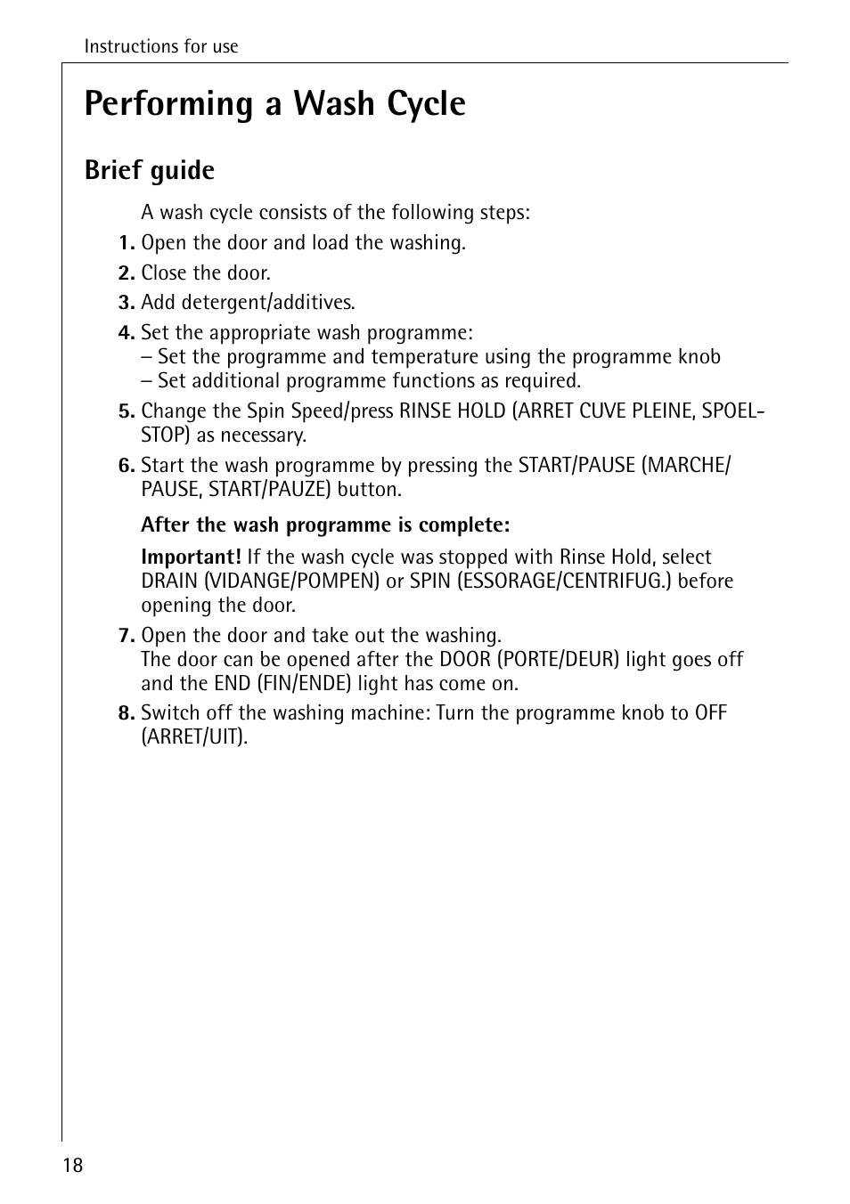 Performing a wash cycle, Brief guide | Electrolux LAVAMAT 50550 User Manual | Page 18 / 56