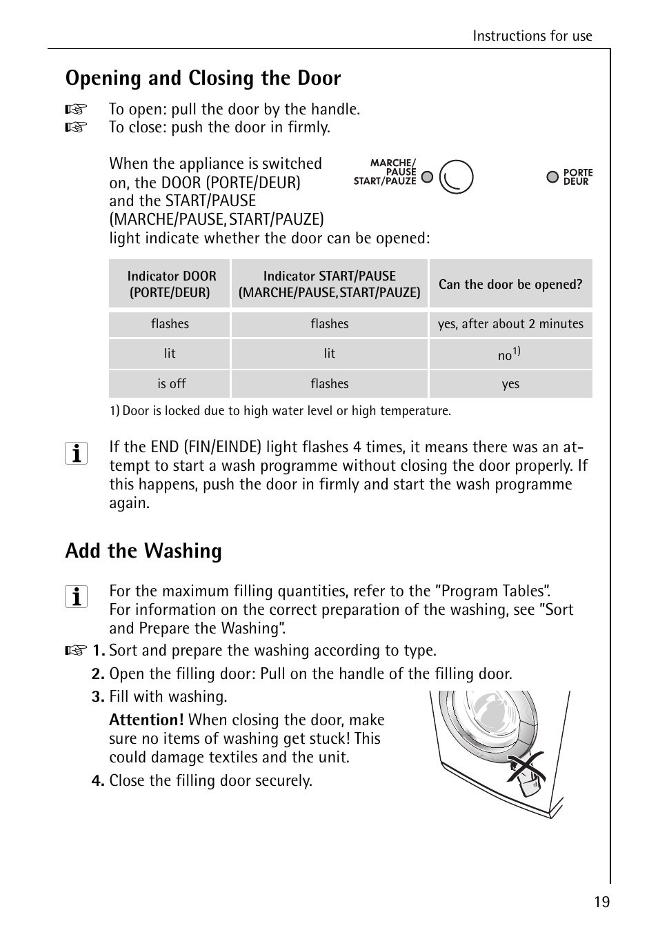 Opening and closing the door, Add the washing | Electrolux LAVAMAT 50550 User Manual | Page 19 / 56