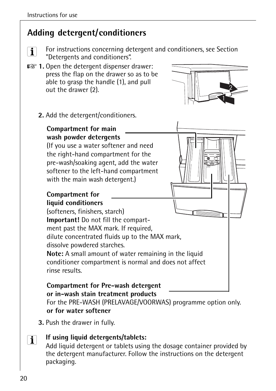 Adding detergent/conditioners | Electrolux LAVAMAT 50550 User Manual | Page 20 / 56