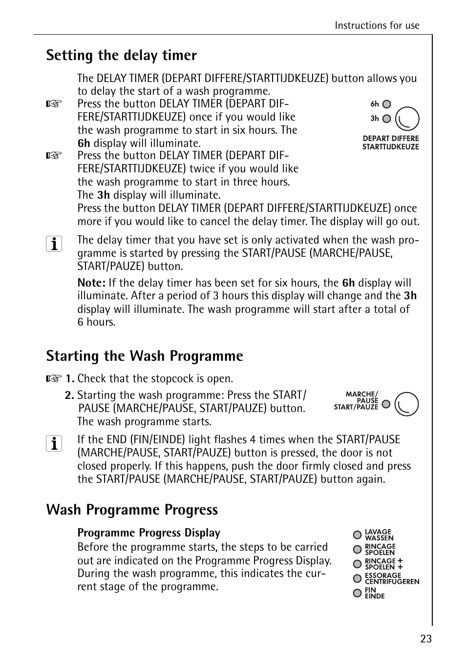 Setting the delay timer, Starting the wash programme, Wash programme progress | Electrolux LAVAMAT 50550 User Manual | Page 23 / 56