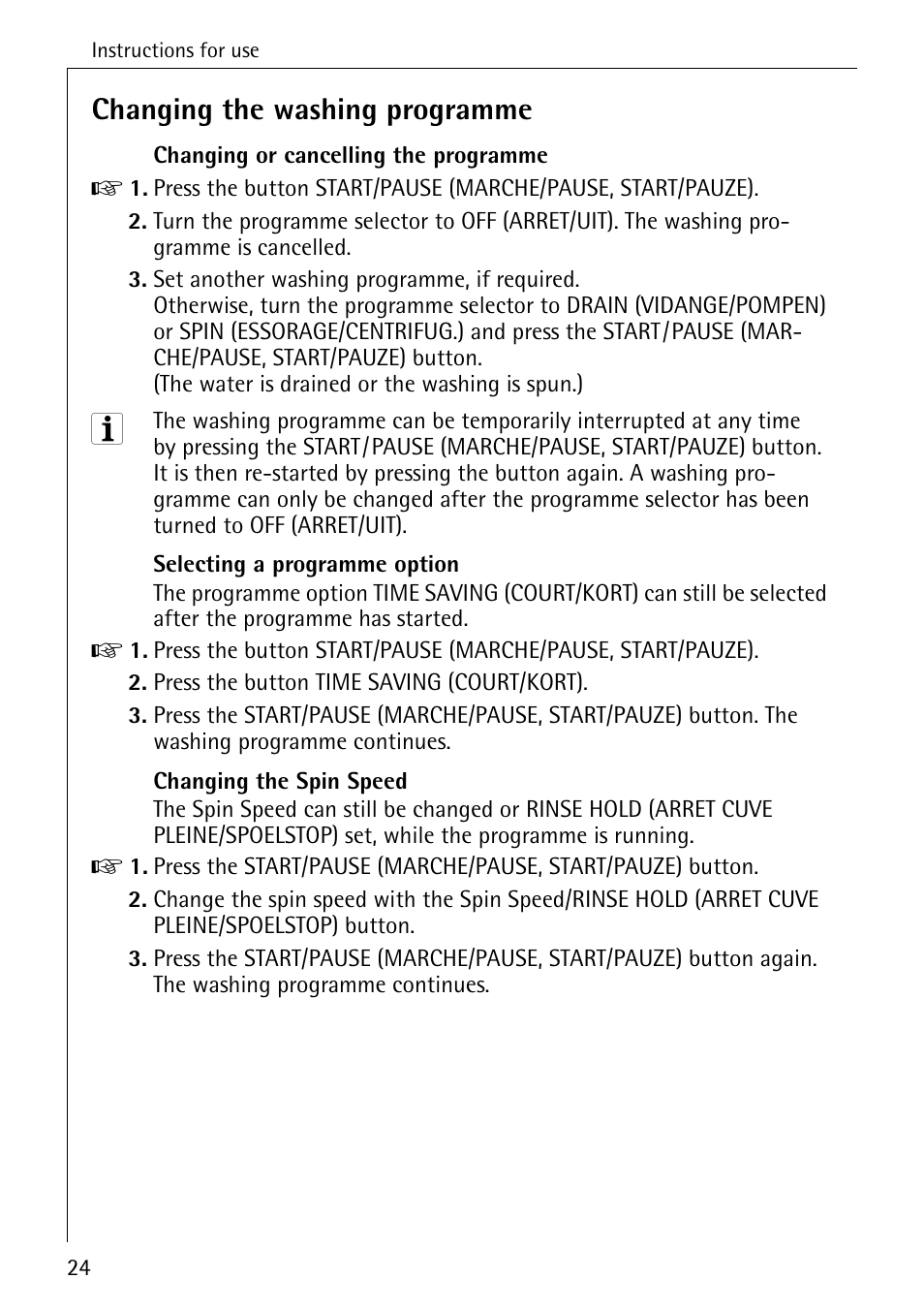 Changing the washing programme | Electrolux LAVAMAT 50550 User Manual | Page 24 / 56