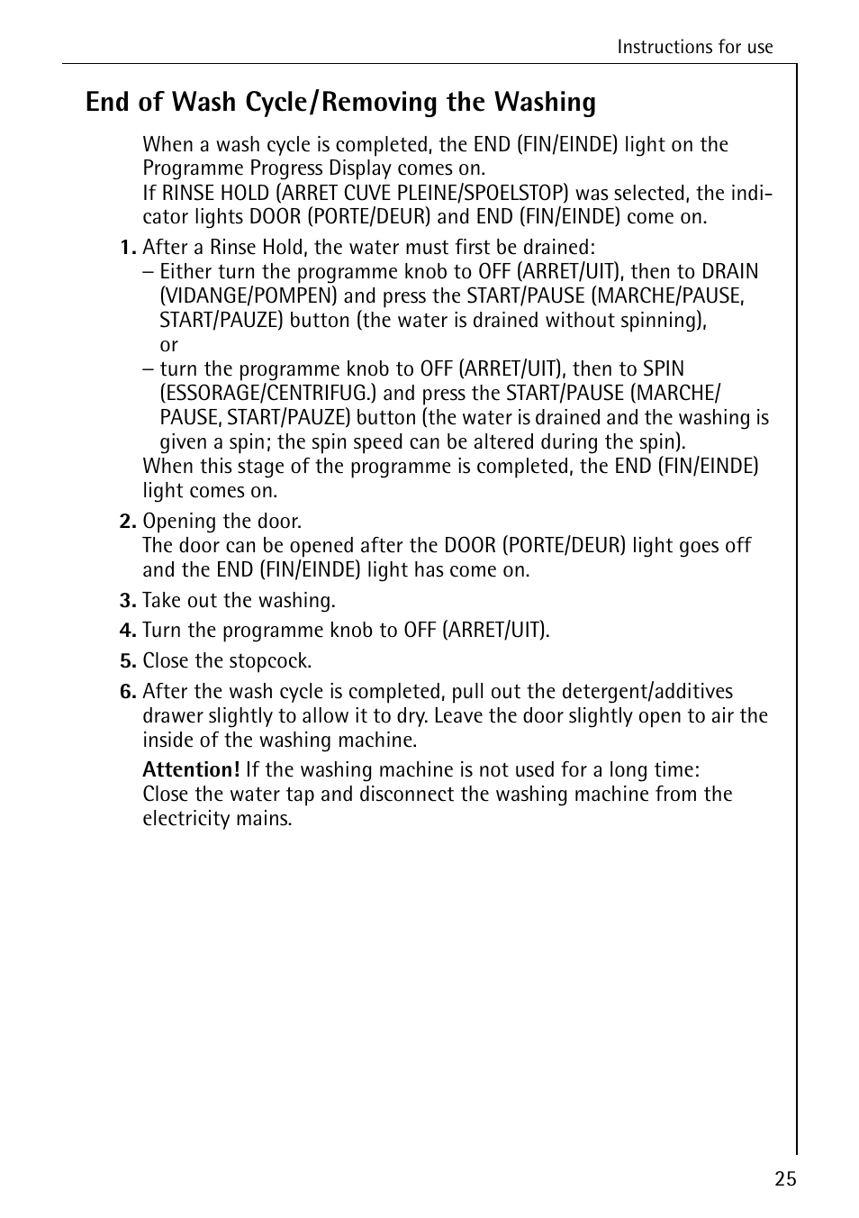 End of wash cycle/removing the washing | Electrolux LAVAMAT 50550 User Manual | Page 25 / 56