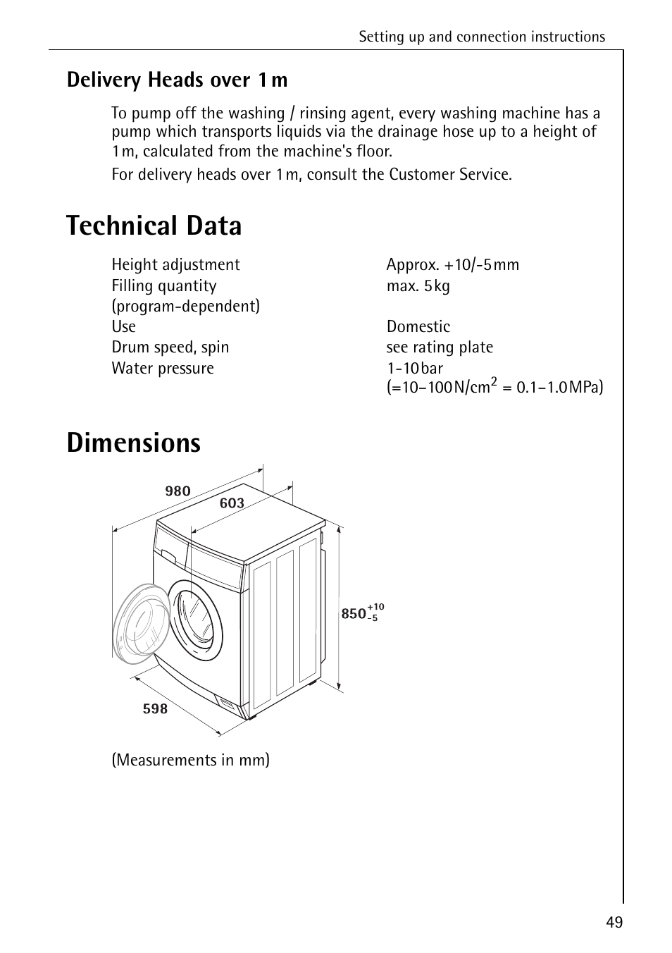 Technical data dimensions, Delivery heads over 1m | Electrolux LAVAMAT 50550 User Manual | Page 49 / 56