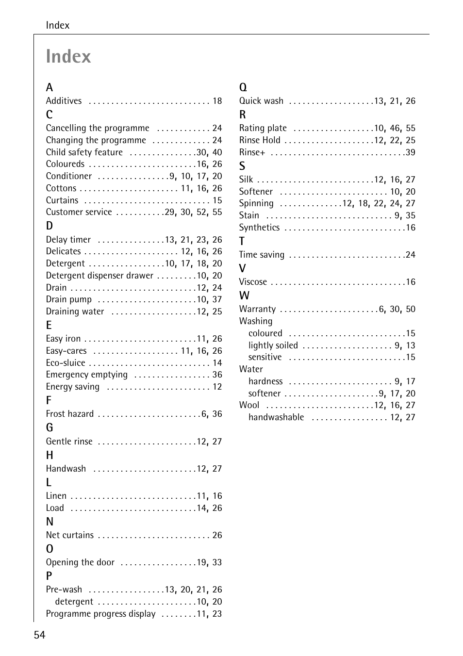 Index | Electrolux LAVAMAT 50550 User Manual | Page 54 / 56