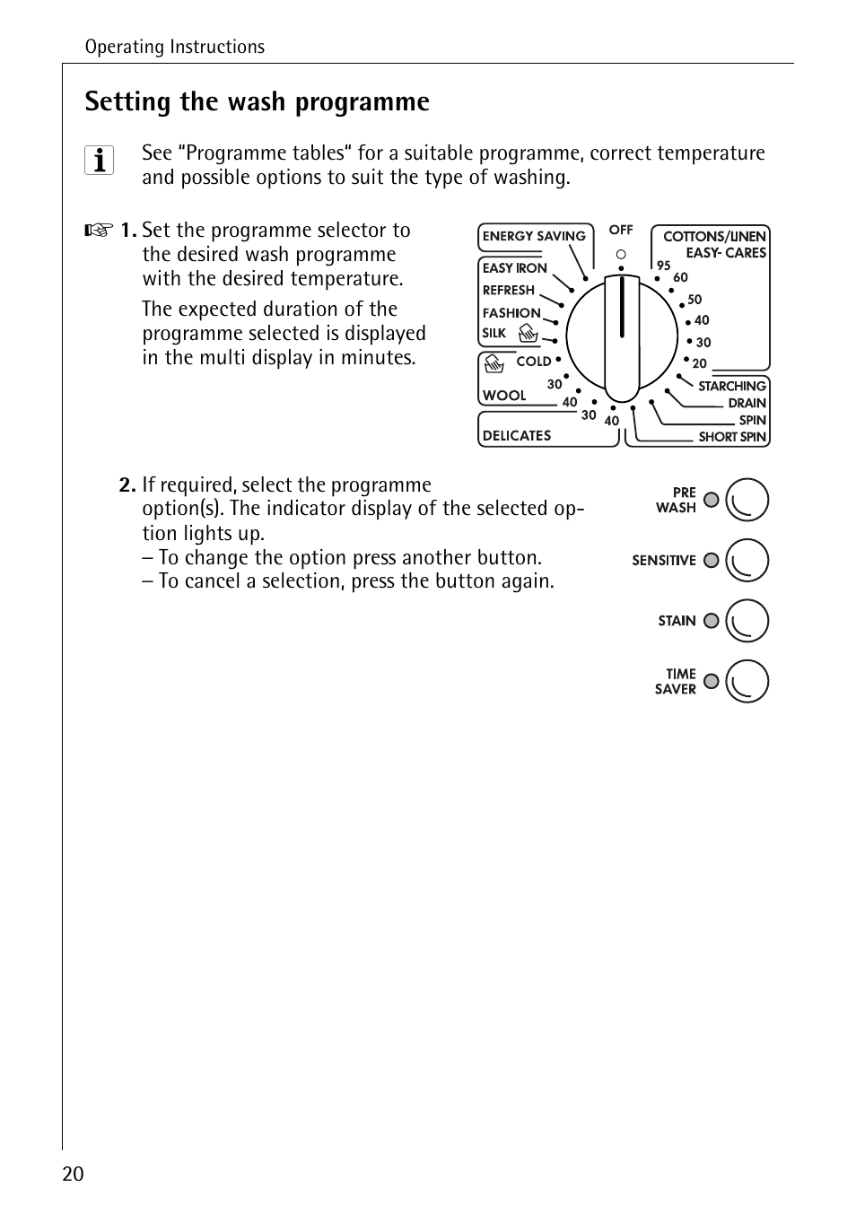 Setting the wash programme | Electrolux LAVAMAT 84745 User Manual | Page 20 / 64