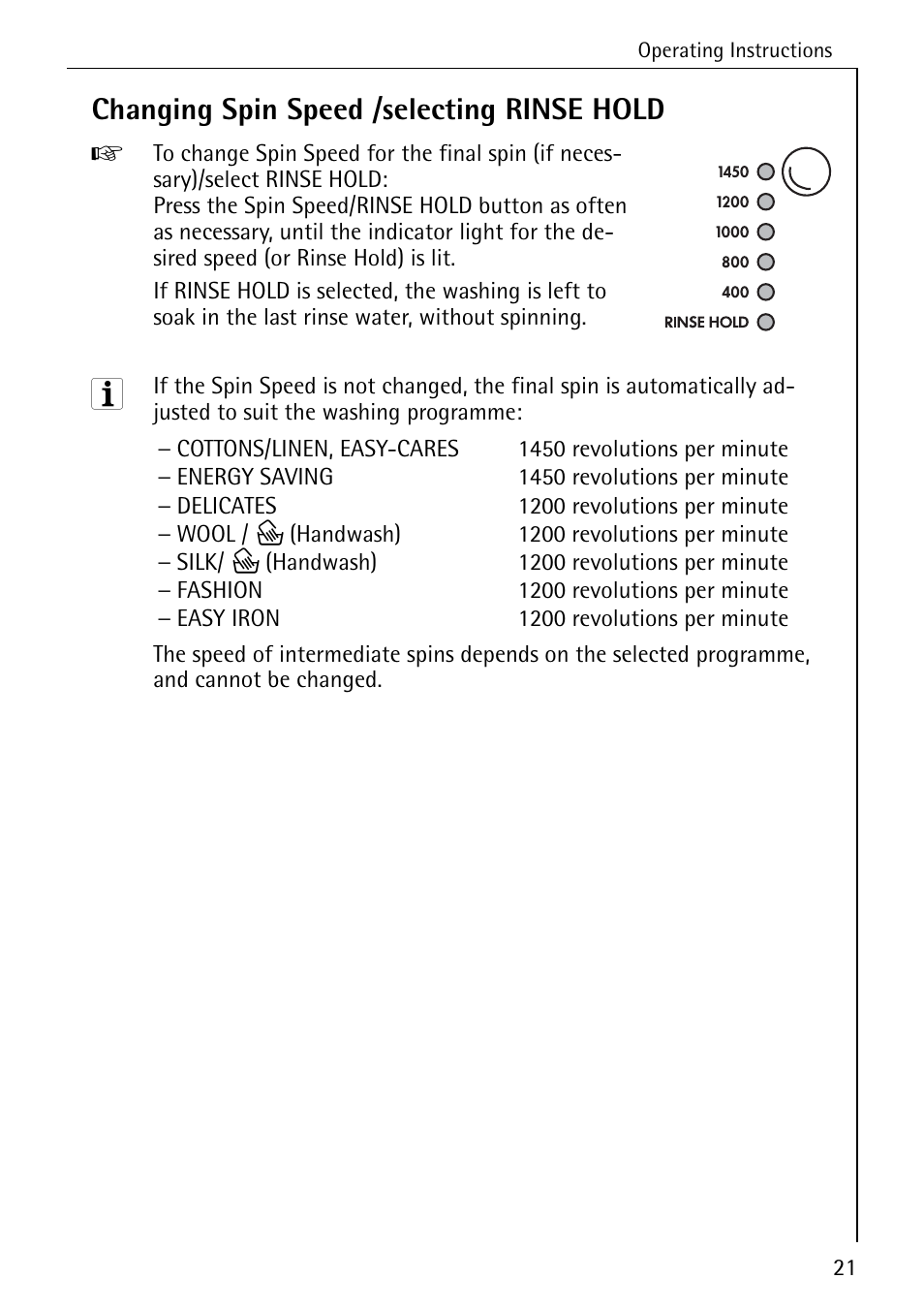 Changing spin speed /selecting rinse hold | Electrolux LAVAMAT 84745 User Manual | Page 21 / 64