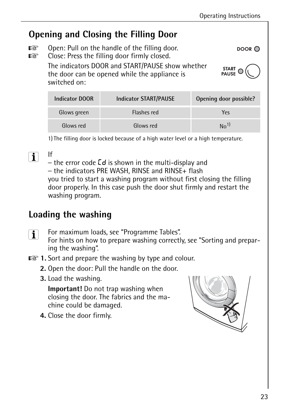 Opening and closing the filling door, Loading the washing | Electrolux LAVAMAT 84745 User Manual | Page 23 / 64