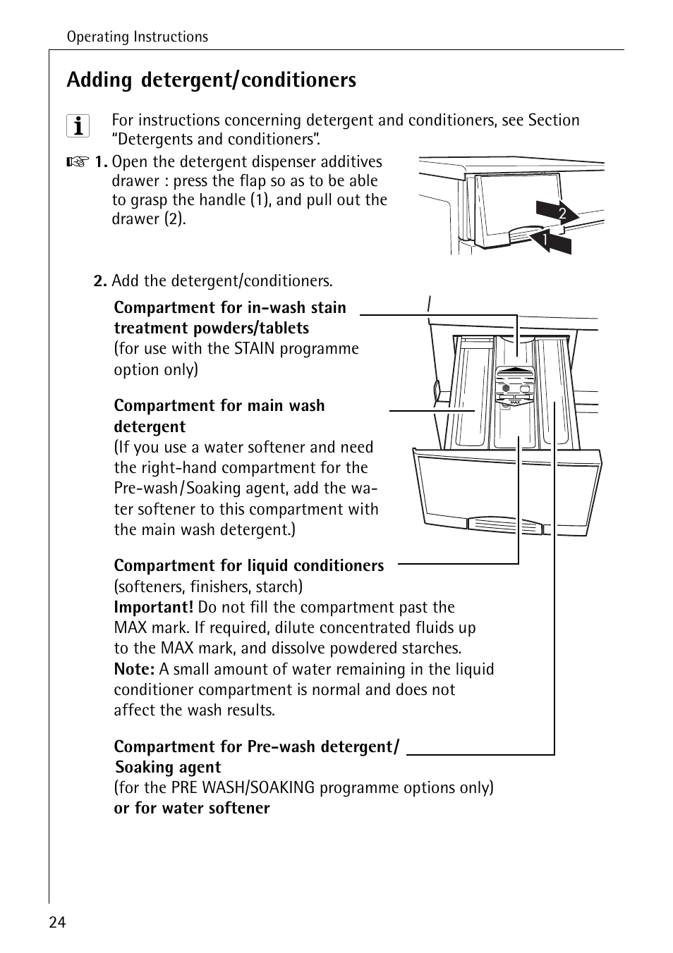 Adding detergent/conditioners | Electrolux LAVAMAT 84745 User Manual | Page 24 / 64