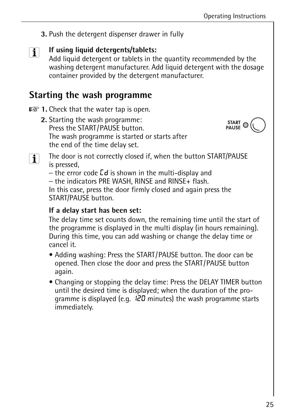 Starting the wash programme | Electrolux LAVAMAT 84745 User Manual | Page 25 / 64