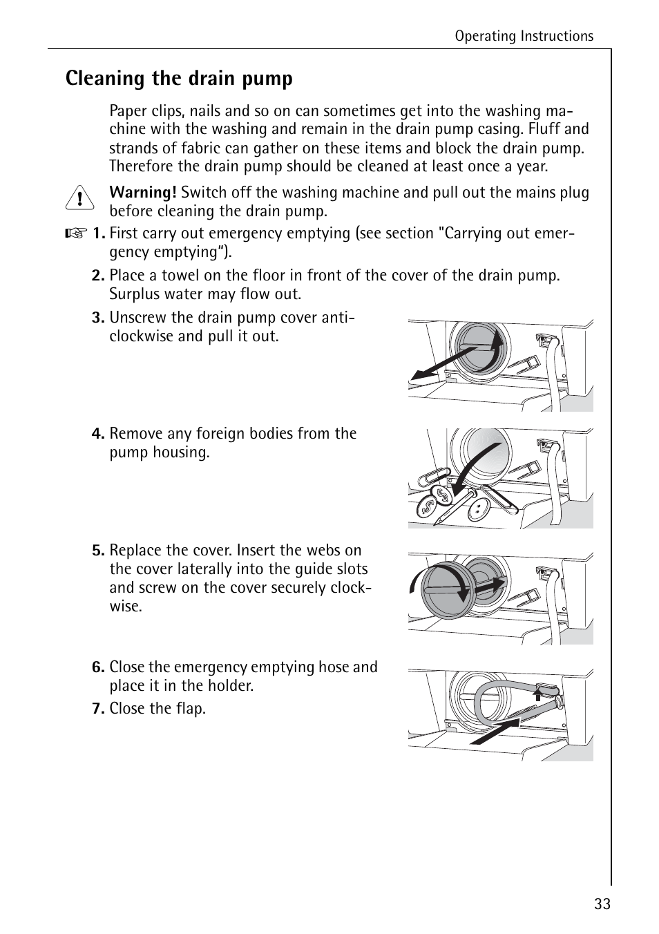 Cleaning the drain pump | Electrolux LAVAMAT 84745 User Manual | Page 33 / 64