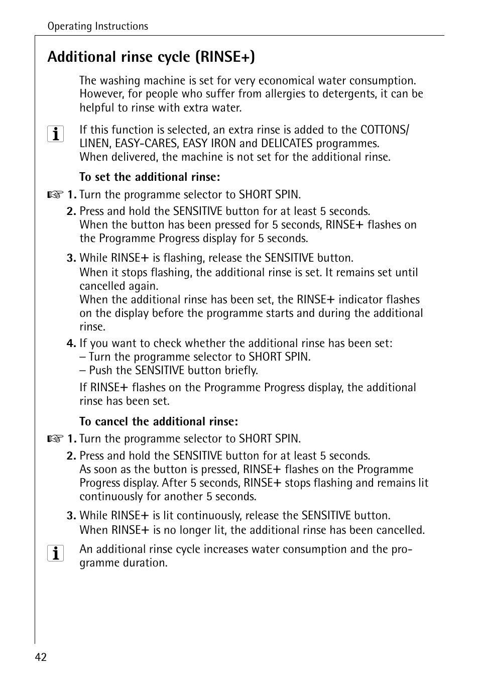 Additional rinse cycle (rinse+) | Electrolux LAVAMAT 84745 User Manual | Page 42 / 64