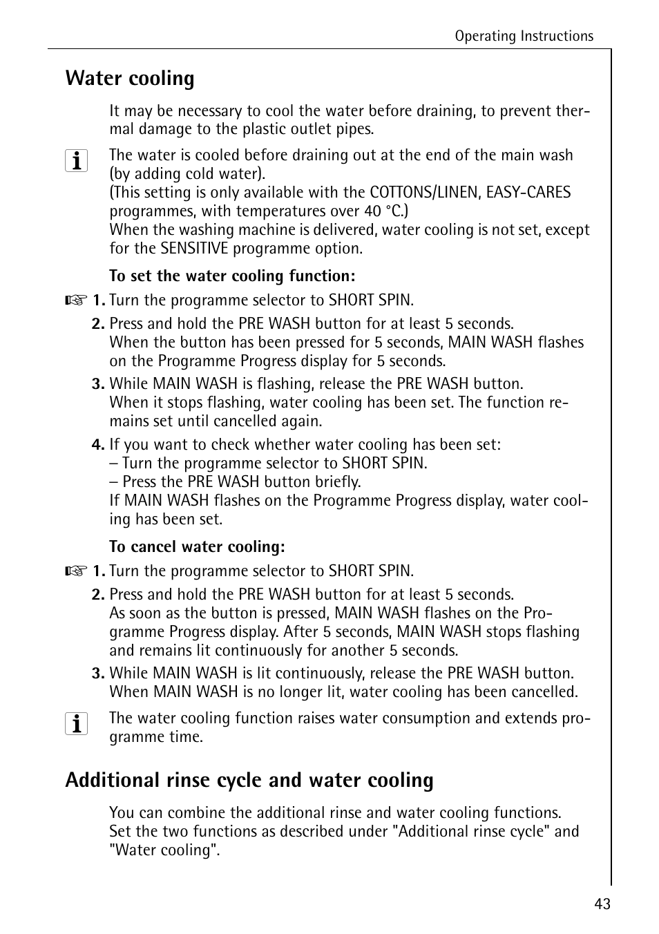 Water cooling, Additional rinse cycle and water cooling | Electrolux LAVAMAT 84745 User Manual | Page 43 / 64