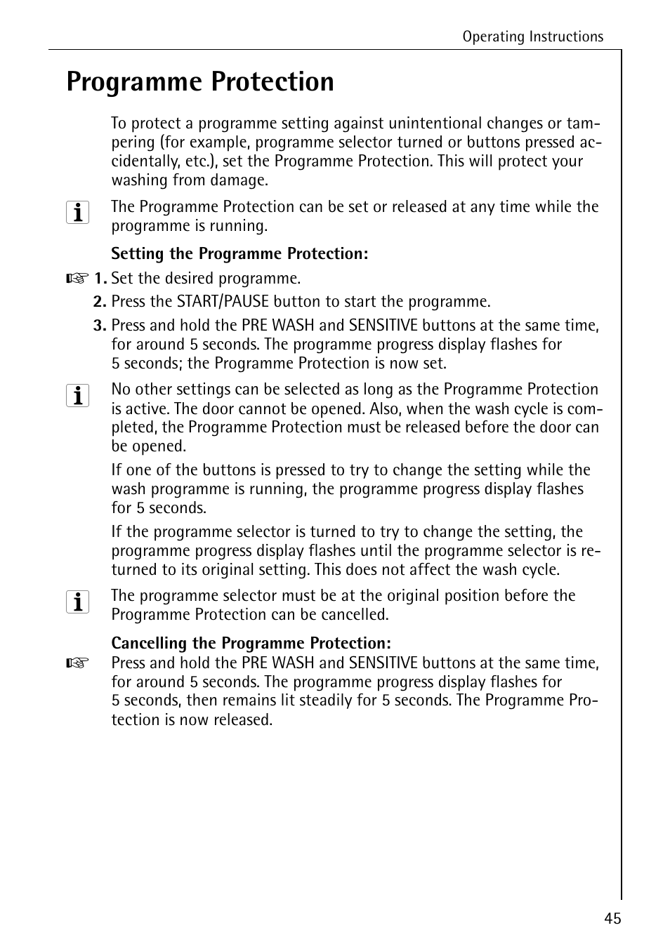 Programme protection | Electrolux LAVAMAT 84745 User Manual | Page 45 / 64