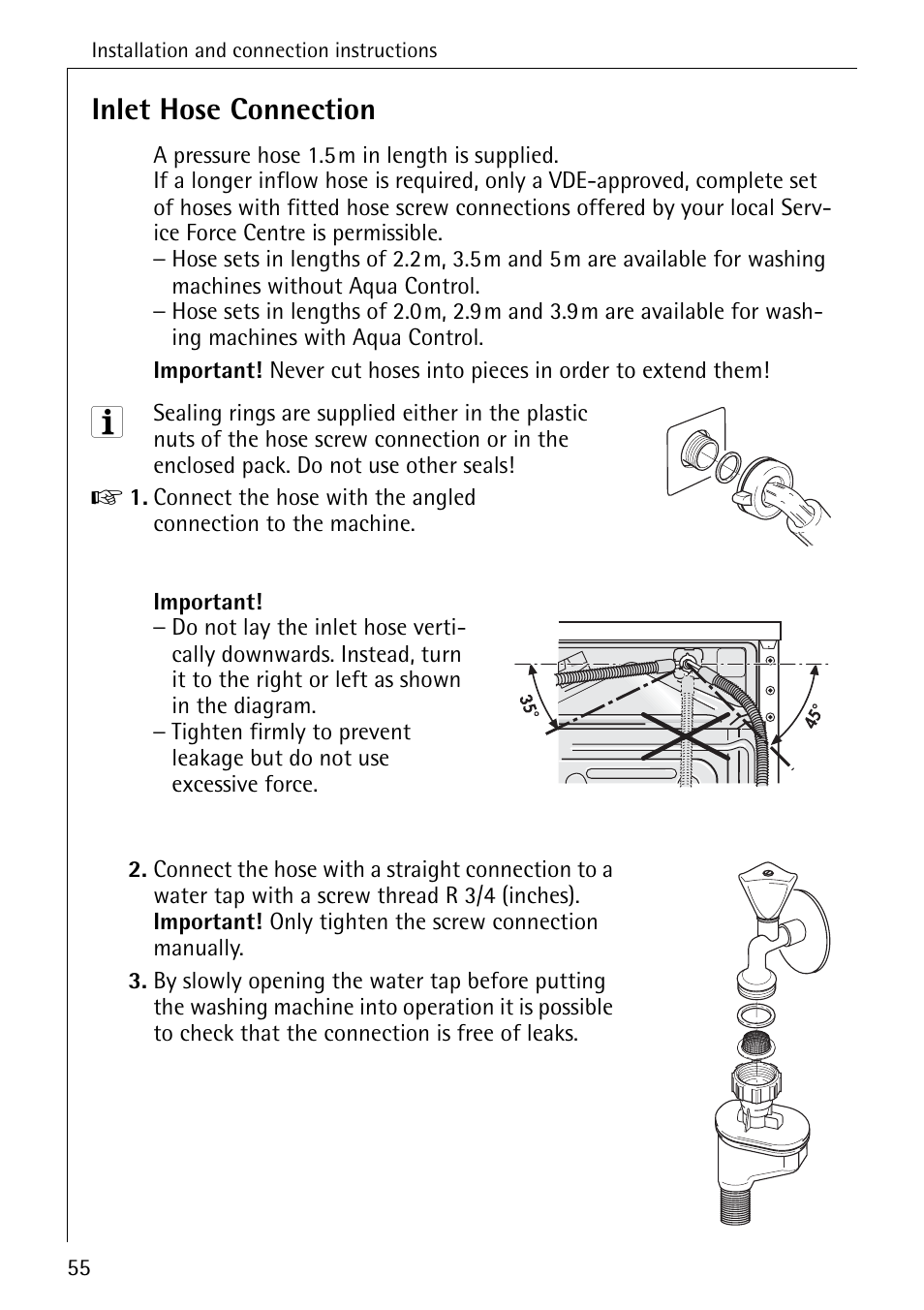 Inlet hose connection | Electrolux LAVAMAT 84745 User Manual | Page 55 / 64