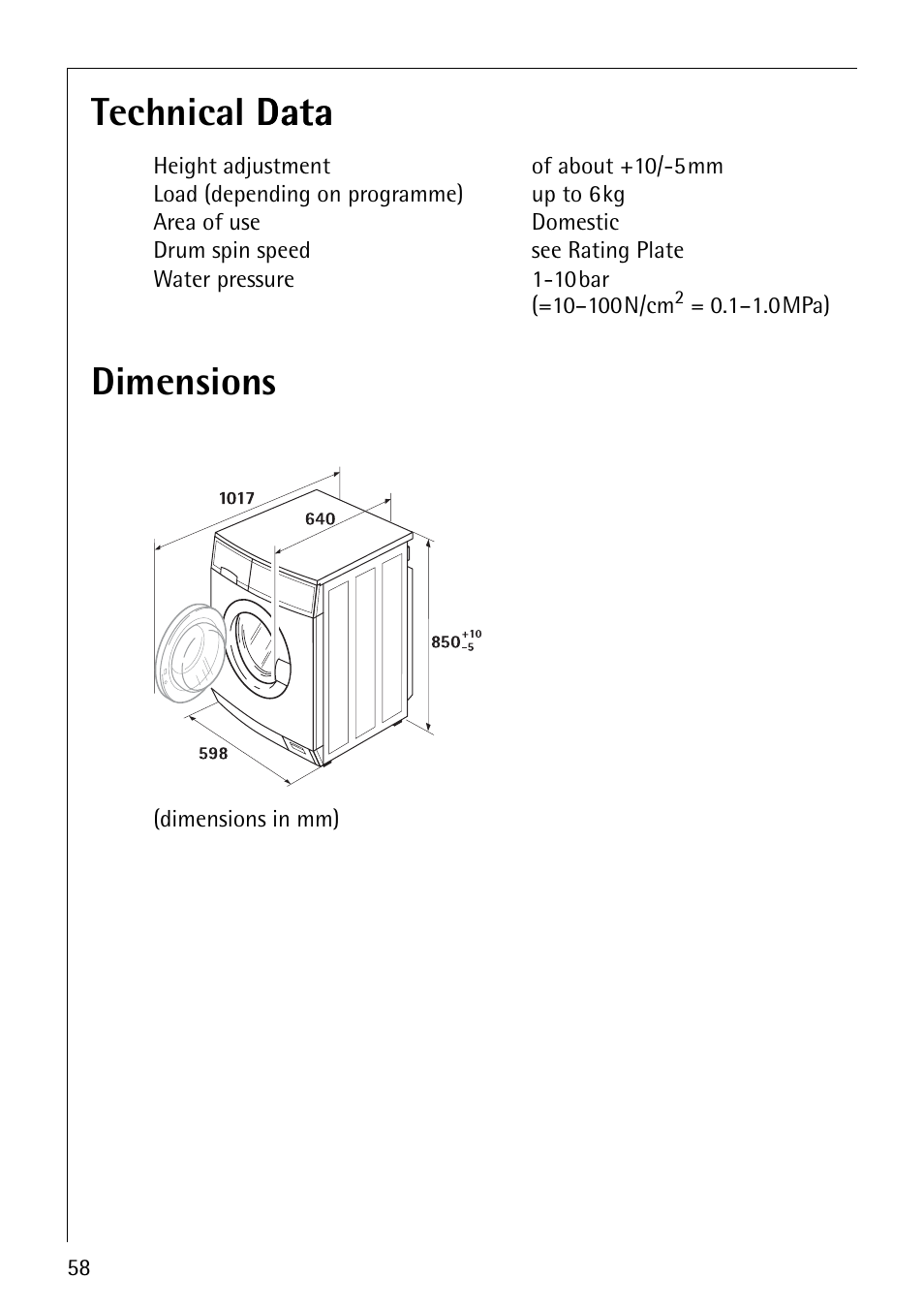 Technical data data dimensions | Electrolux LAVAMAT 84745 User Manual | Page 58 / 64