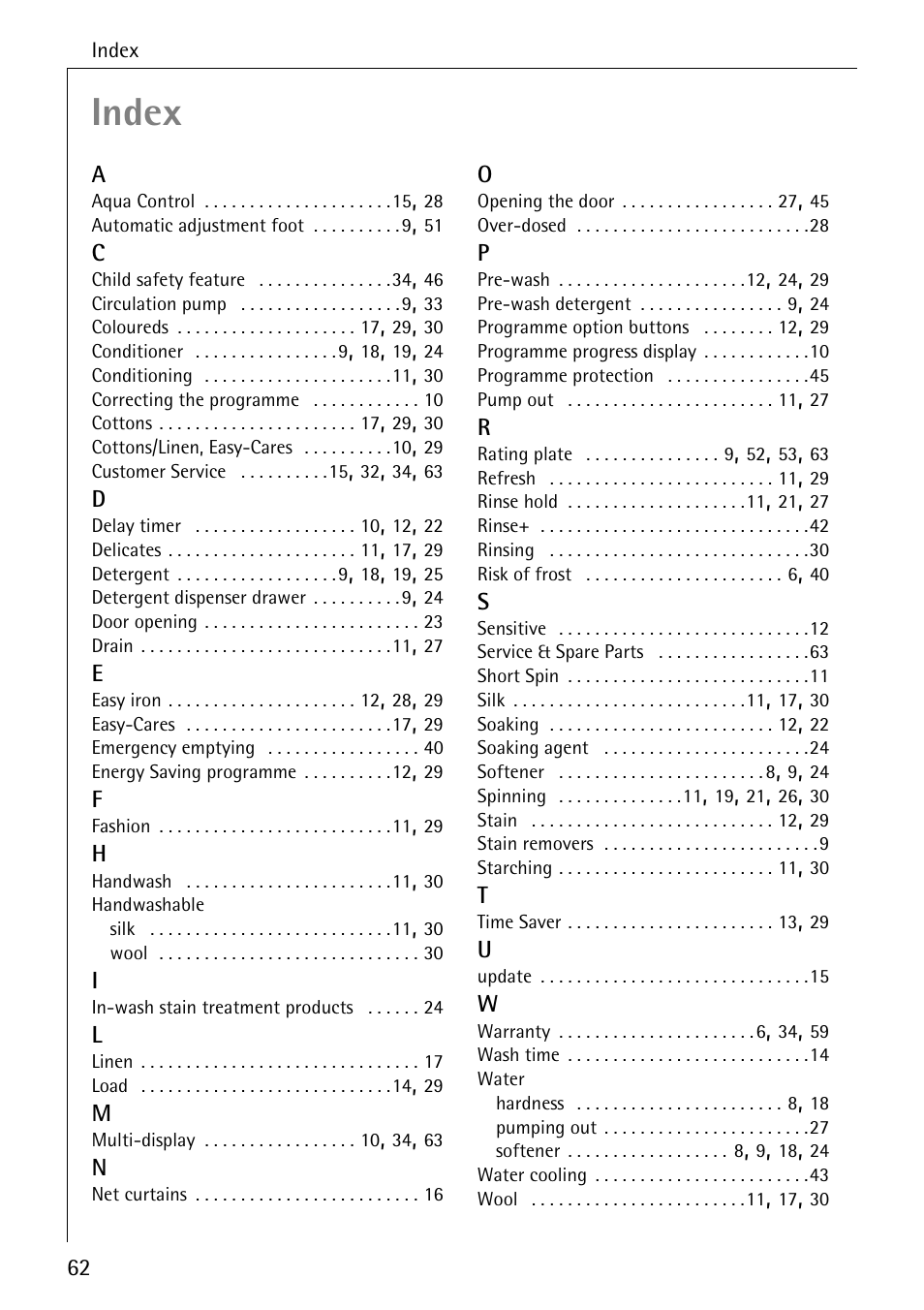 Index | Electrolux LAVAMAT 84745 User Manual | Page 62 / 64