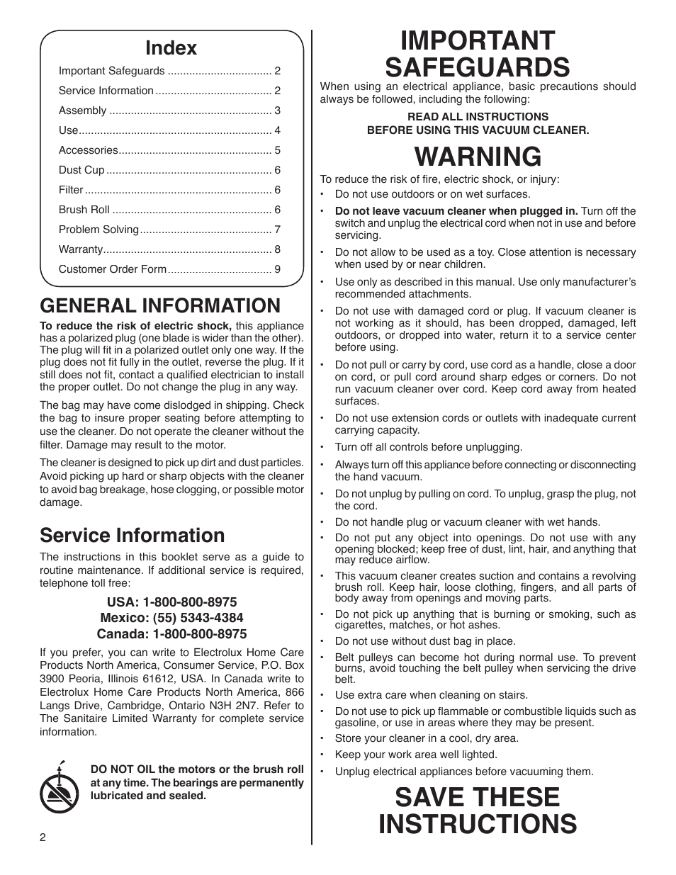 Important safeguards, Warning, Save these instructions | Index, General information, Service information | Electrolux S107 User Manual | Page 2 / 8