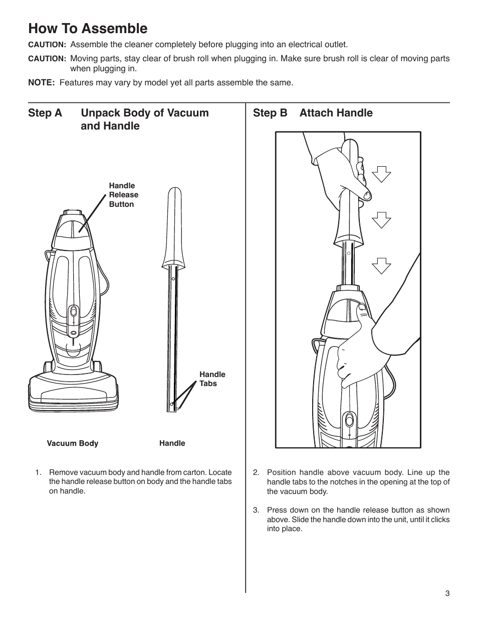 How to assemble, Step a unpack body of vacuum and handle, Step b attach handle | Electrolux S107 User Manual | Page 3 / 8