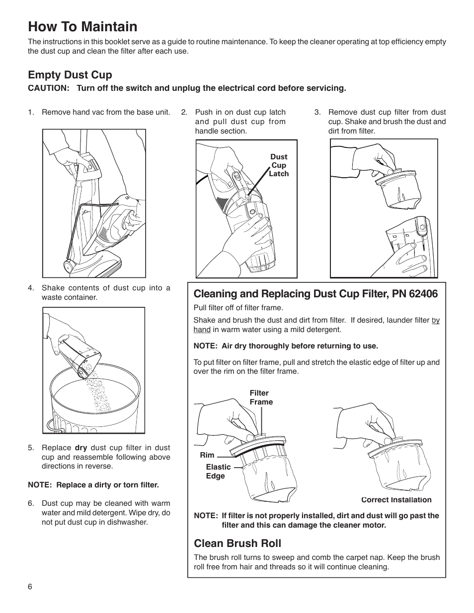 How to maintain, Empty dust cup, Clean brush roll | Electrolux S107 User Manual | Page 6 / 8