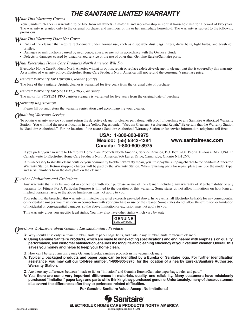 The sanitaire limited warranty | Electrolux S107 User Manual | Page 8 / 8