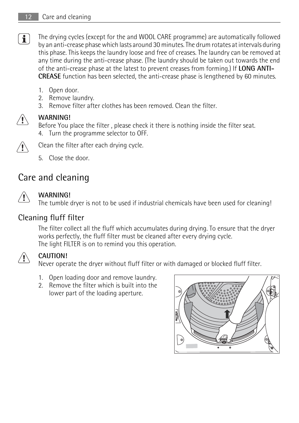 Care and cleaning, Cleaning fluff filter | Electrolux LAVATHERM T35850 User Manual | Page 12 / 28
