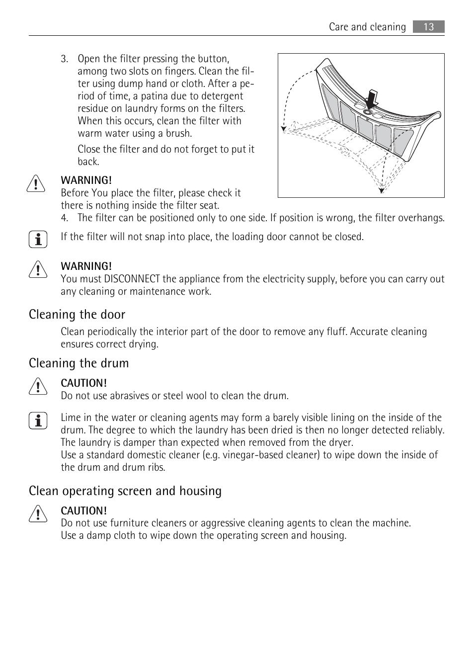 Cleaning the door, Cleaning the drum, Clean operating screen and housing | Electrolux LAVATHERM T35850 User Manual | Page 13 / 28