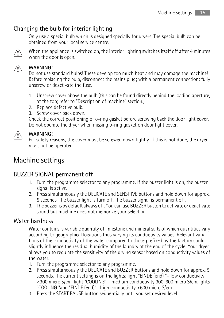 Machine settings, Changing the bulb for interior lighting, Buzzer signal permanent off | Water hardness | Electrolux LAVATHERM T35850 User Manual | Page 15 / 28