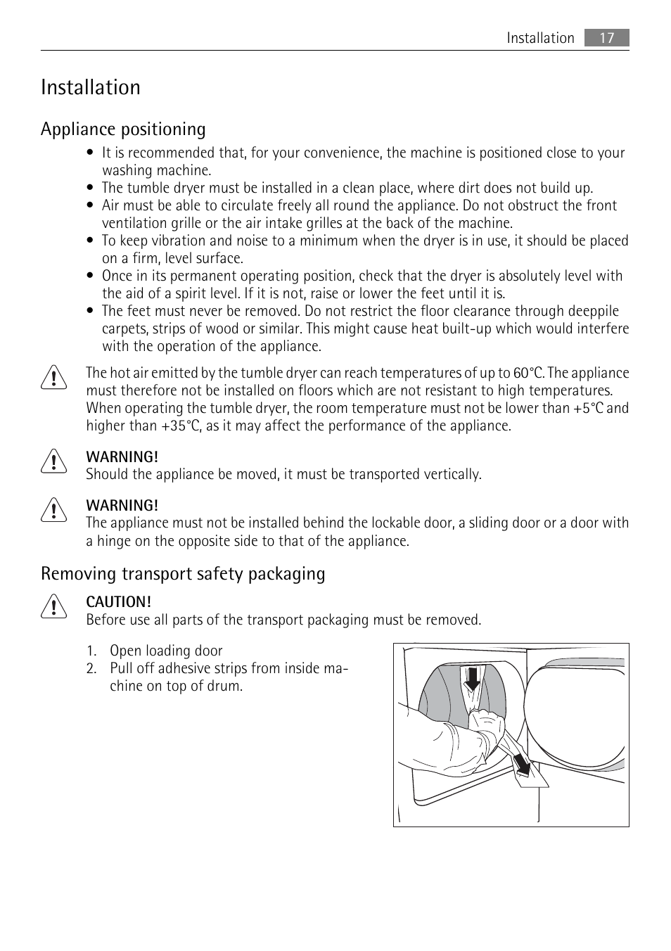 Installation, Appliance positioning, Removing transport safety packaging | Electrolux LAVATHERM T35850 User Manual | Page 17 / 28