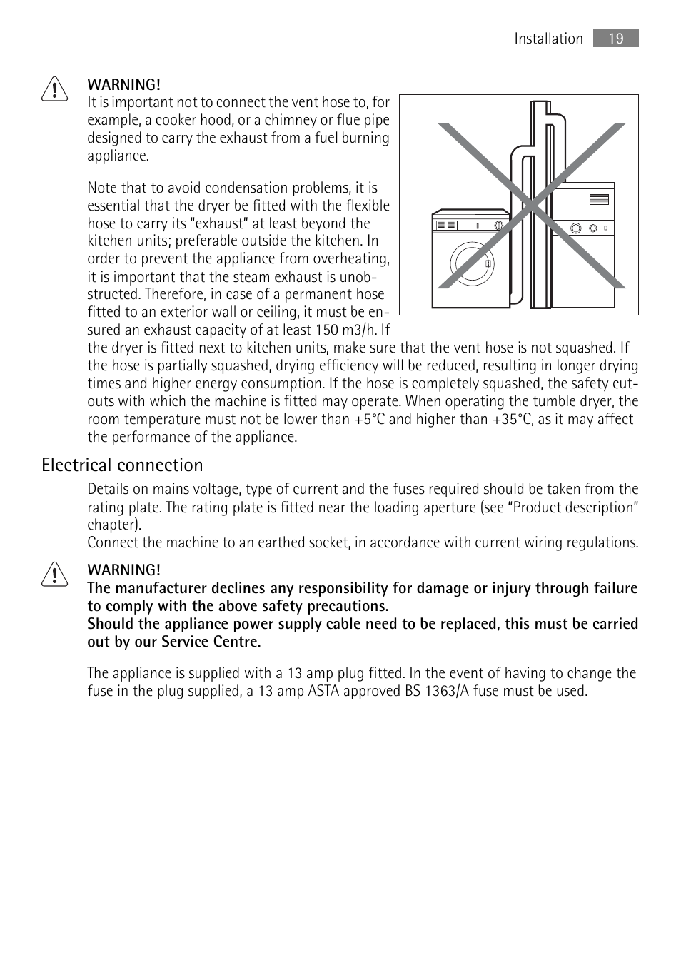 Electrical connection | Electrolux LAVATHERM T35850 User Manual | Page 19 / 28