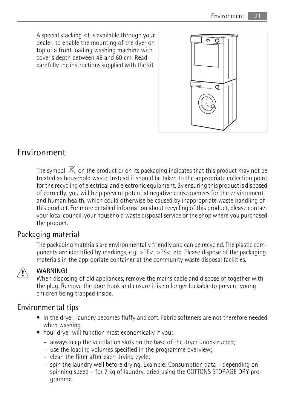 Environment, Packaging material, Environmental tips | Electrolux LAVATHERM T35850 User Manual | Page 21 / 28