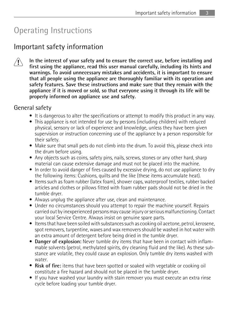 Operating instructions, Important safety information, General safety | Electrolux LAVATHERM T35850 User Manual | Page 3 / 28