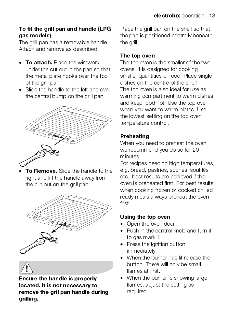 Electrolux, The top oven, Preheating | Using the top oven | Electrolux EEKG5048 User Manual | Page 13 / 40