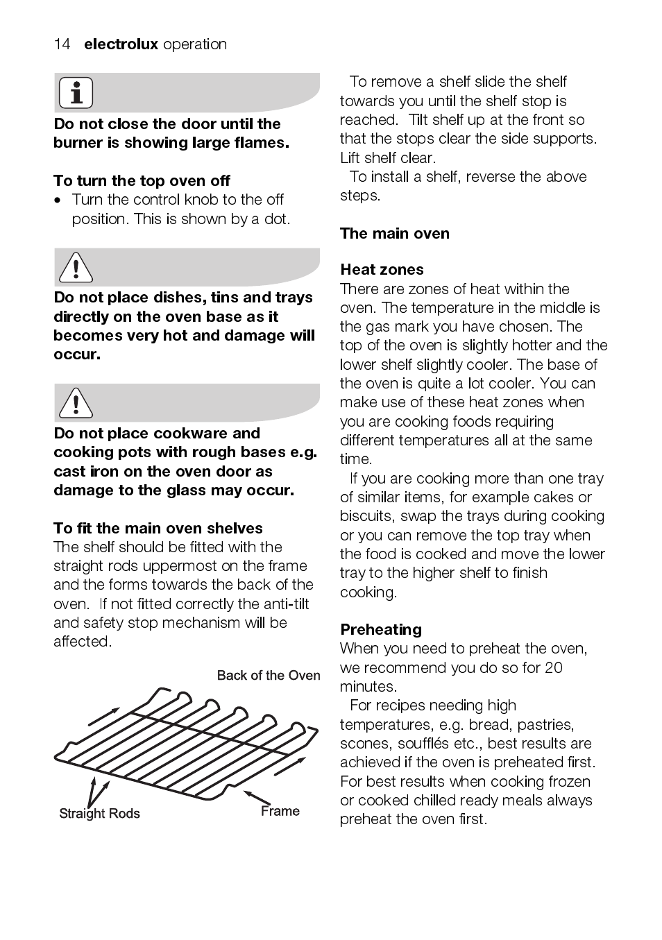 Electrolux, The main oven, Heat zones | Preheating | Electrolux EEKG5048 User Manual | Page 14 / 40