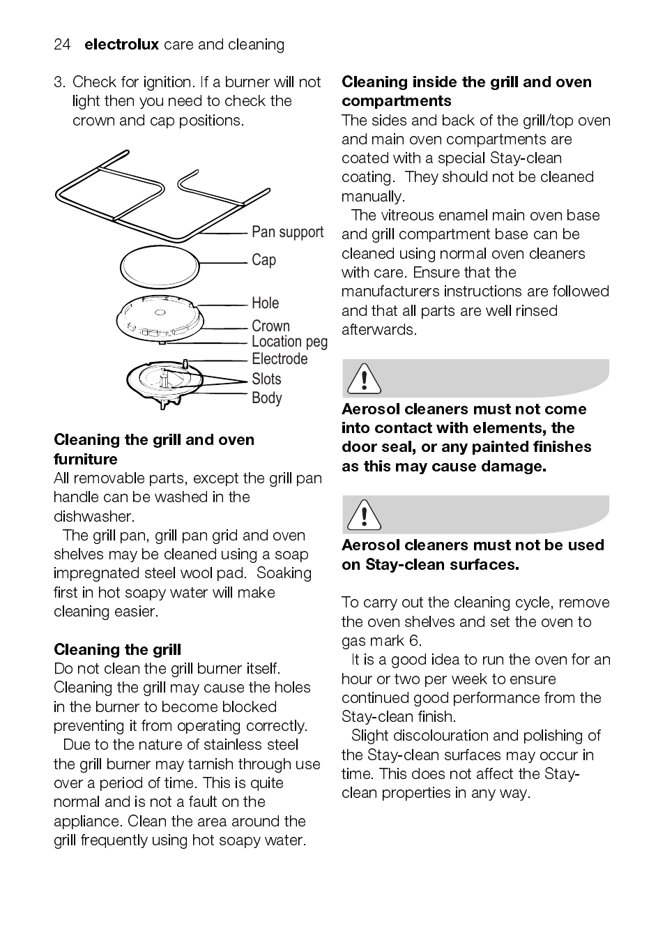 Electrolux, Cleaning the grill and oven furniture, Cleaning the grill | Cleaning inside the grill and oven compartments | Electrolux EEKG5048 User Manual | Page 24 / 40