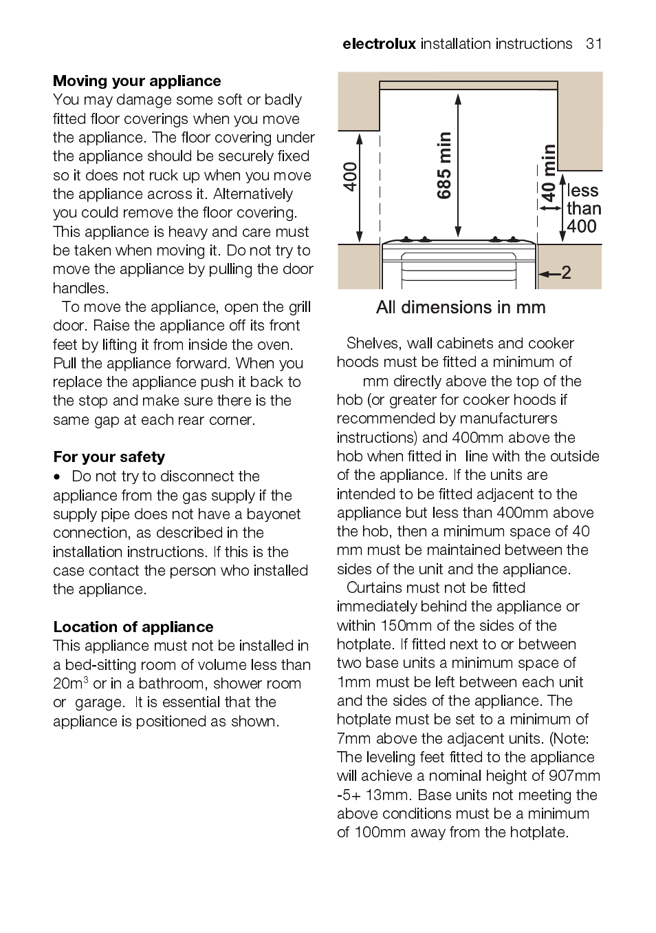 Electrolux, Moving your appliance, For your safety | Location of appliance | Electrolux EEKG5048 User Manual | Page 31 / 40