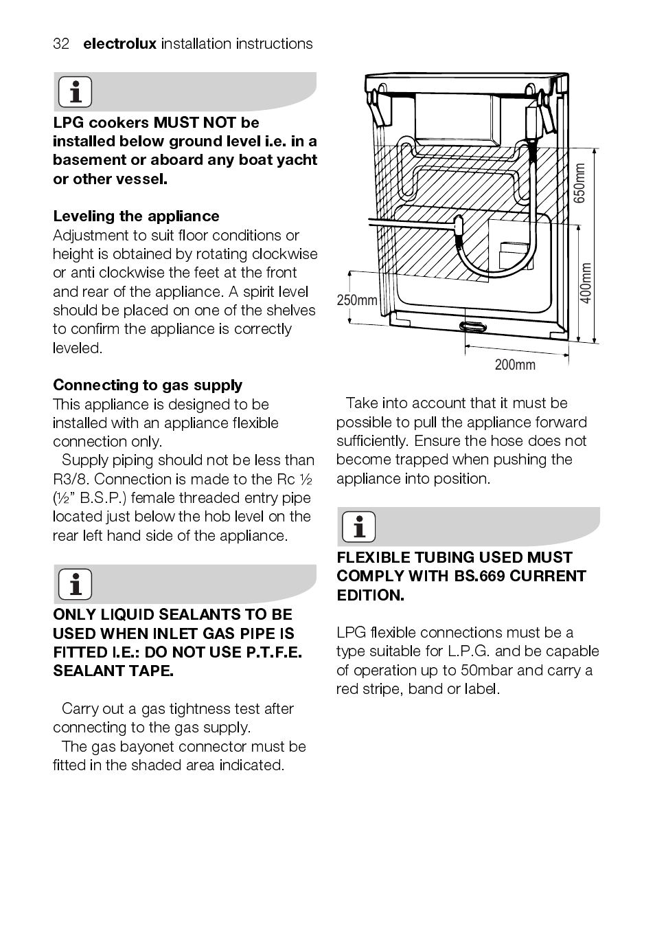 Electrolux, Leveling the appliance, Connecting to gas supply | Electrolux EEKG5048 User Manual | Page 32 / 40