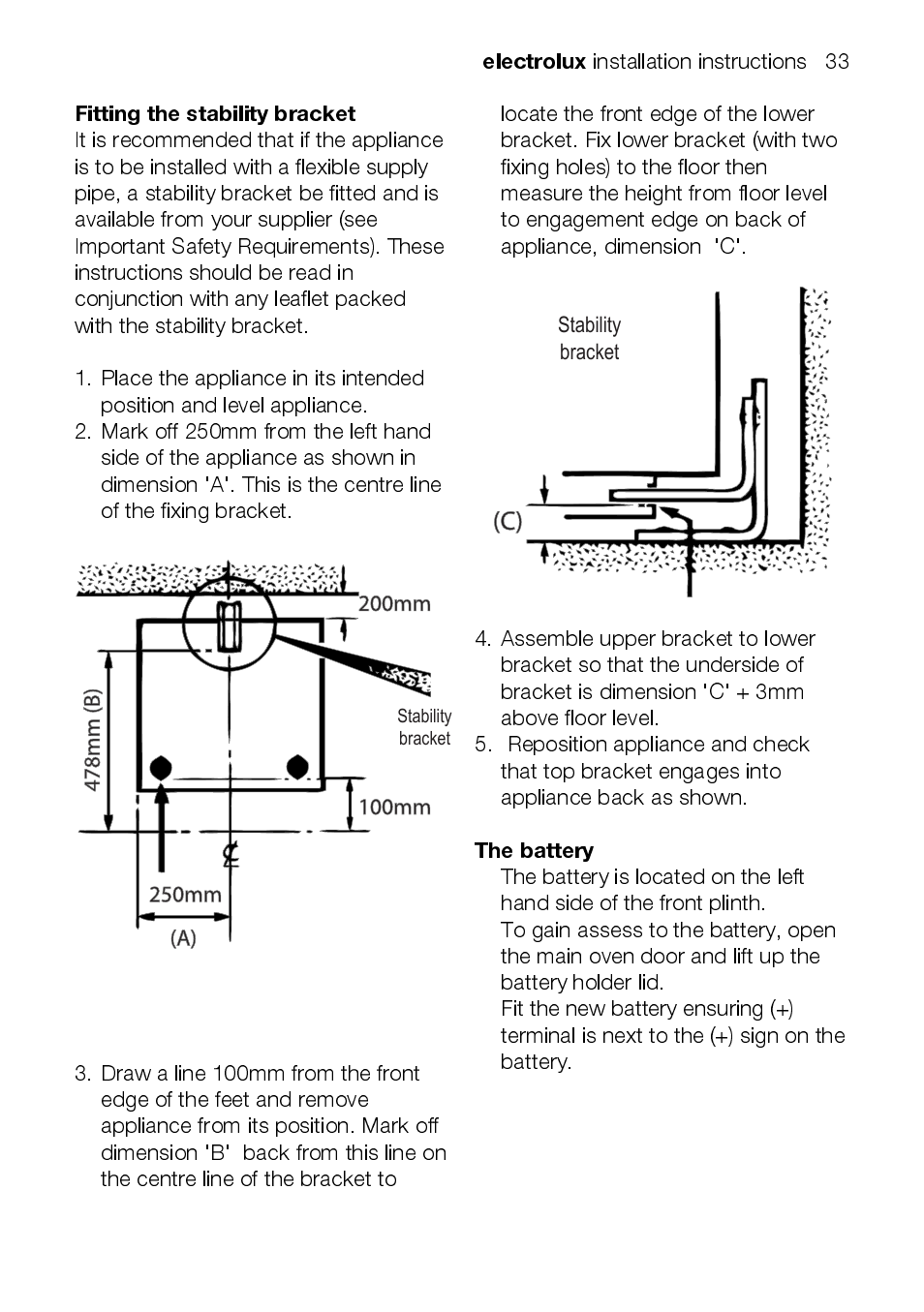 Electrolux, Fitting the stability bracket, The battery | Electrolux EEKG5048 User Manual | Page 33 / 40