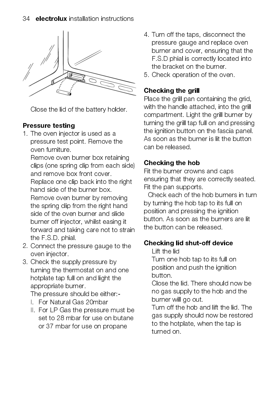 Electrolux, Pressure testing, Checking the grill | Checking the hob, Checking lid shut-off device | Electrolux EEKG5048 User Manual | Page 34 / 40