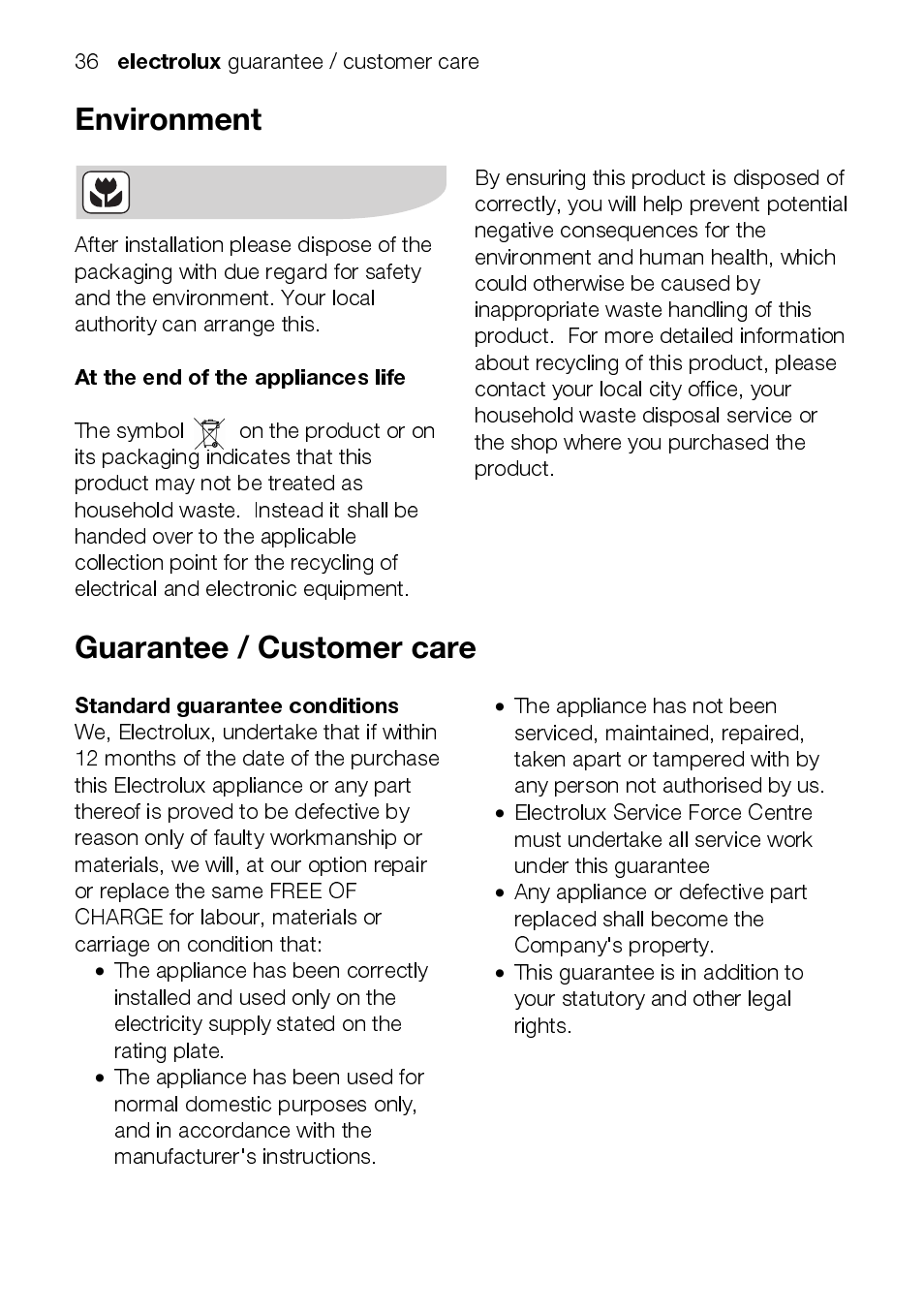 Electrolux, At the end of the appliances life, Standard guarantee conditions | Electrolux EEKG5048 User Manual | Page 36 / 40
