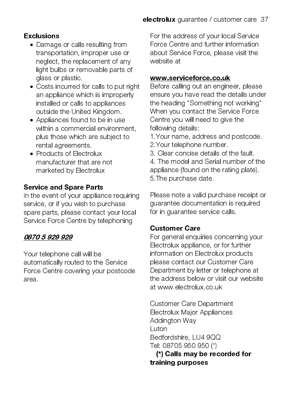 Electrolux, Exclusions, Service and spare parts | Customer care, Calls may be recorded for training purposes | Electrolux EEKG5048 User Manual | Page 37 / 40