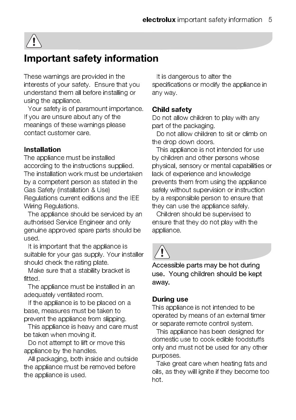Electrolux, Installation, Child safety | During use | Electrolux EEKG5048 User Manual | Page 5 / 40