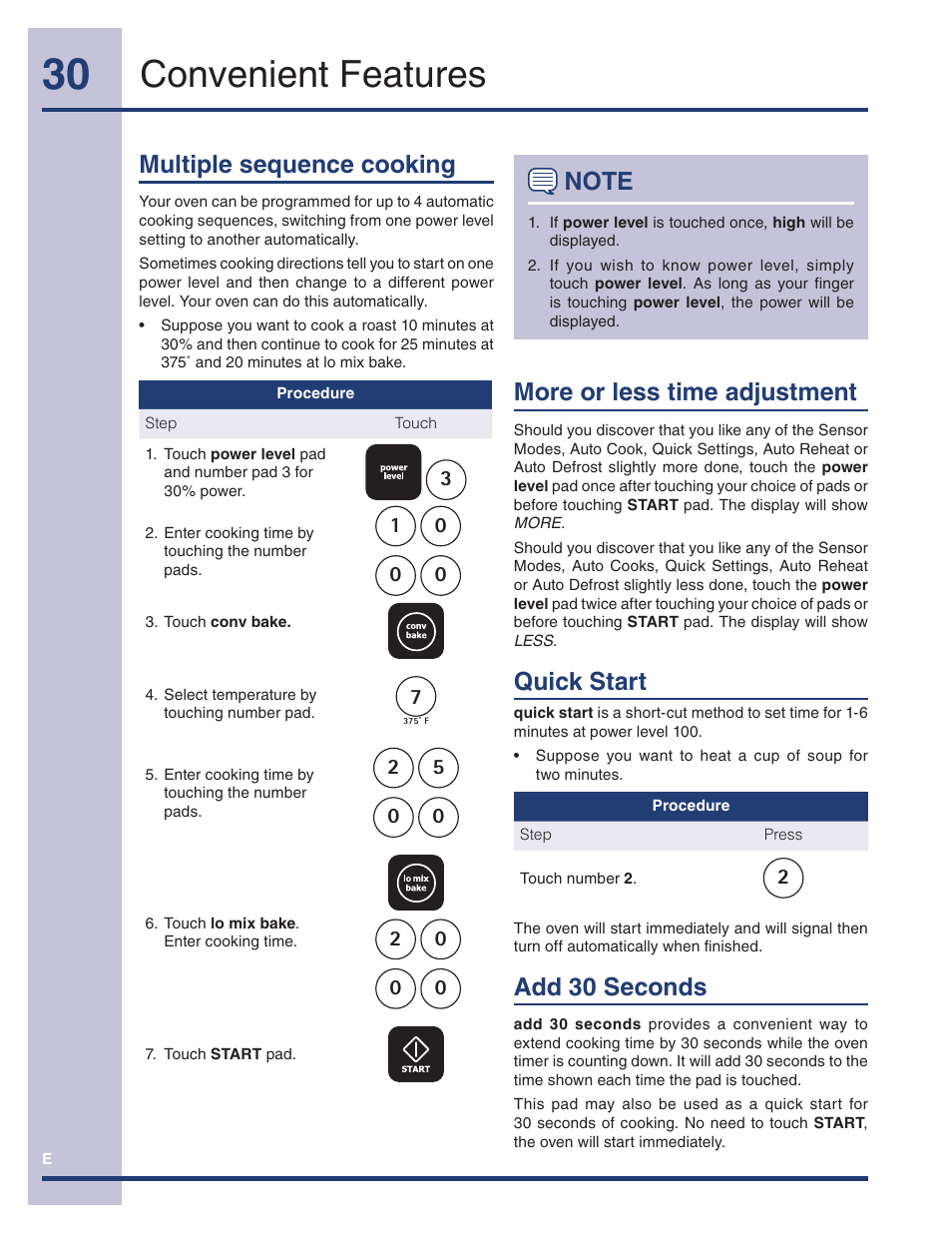 Convenient features, More or less time adjustment, Quick start | Add 30 seconds, Multiple sequence cooking | Electrolux TINSEB493MRR1 User Manual | Page 30 / 36