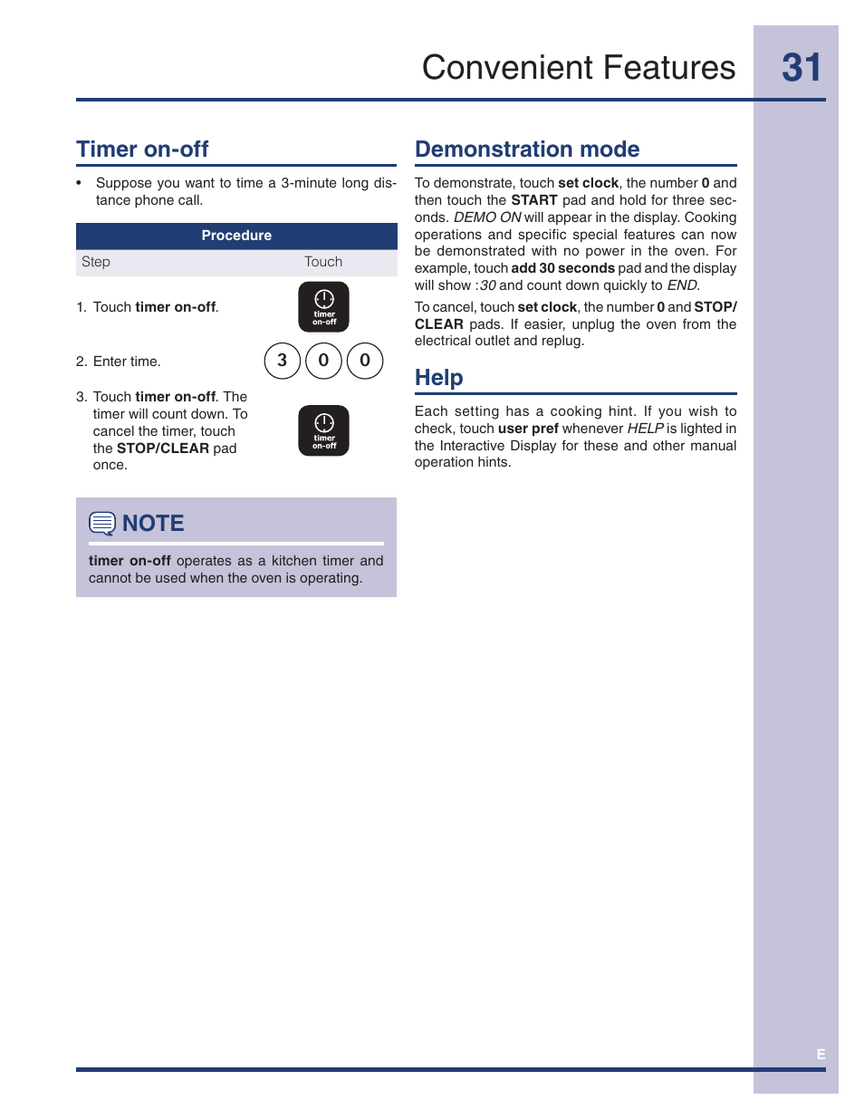 Convenient features, Timer on-off, Demonstration mode | Help | Electrolux TINSEB493MRR1 User Manual | Page 31 / 36