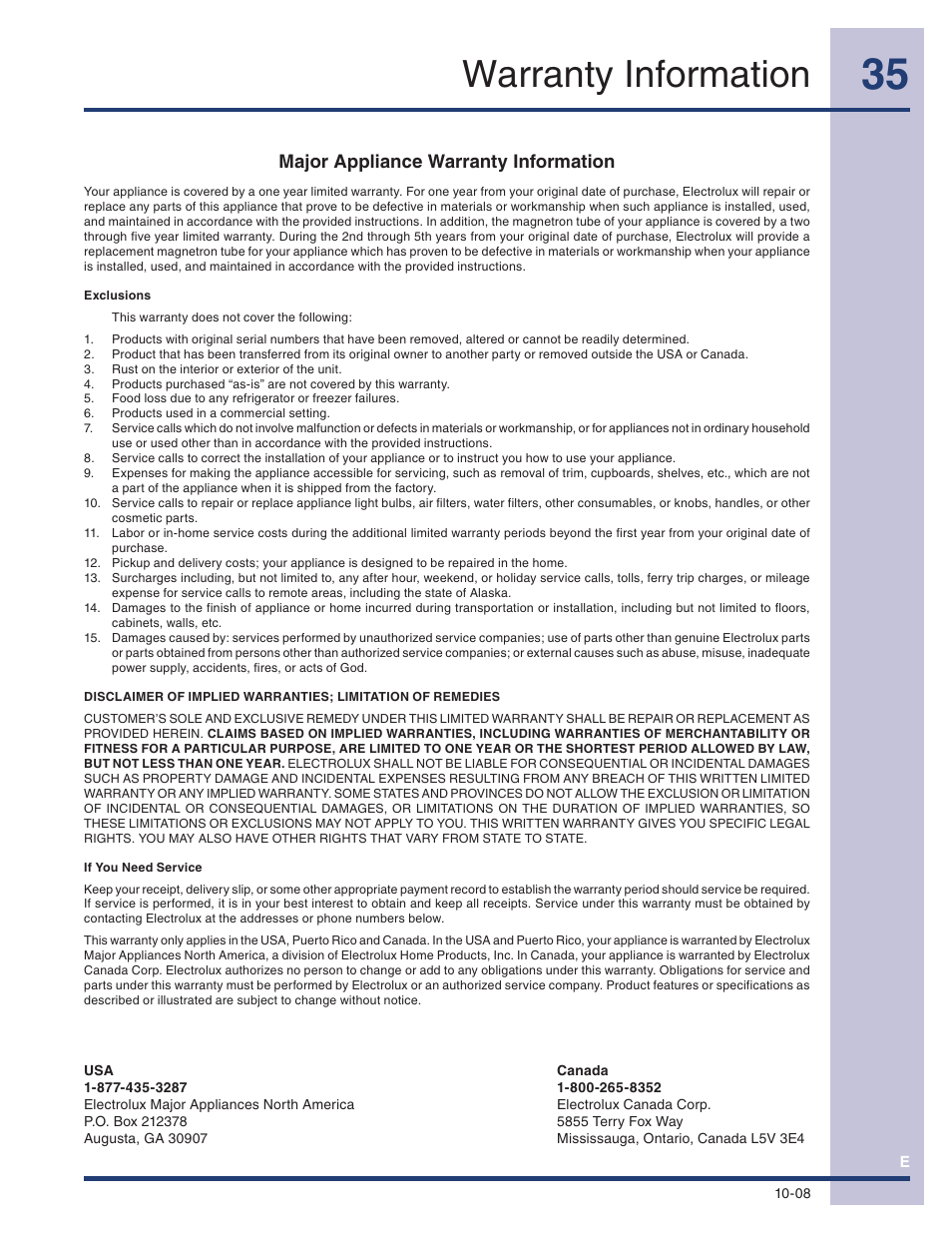 Warranty information, Major appliance warranty information | Electrolux TINSEB493MRR1 User Manual | Page 35 / 36